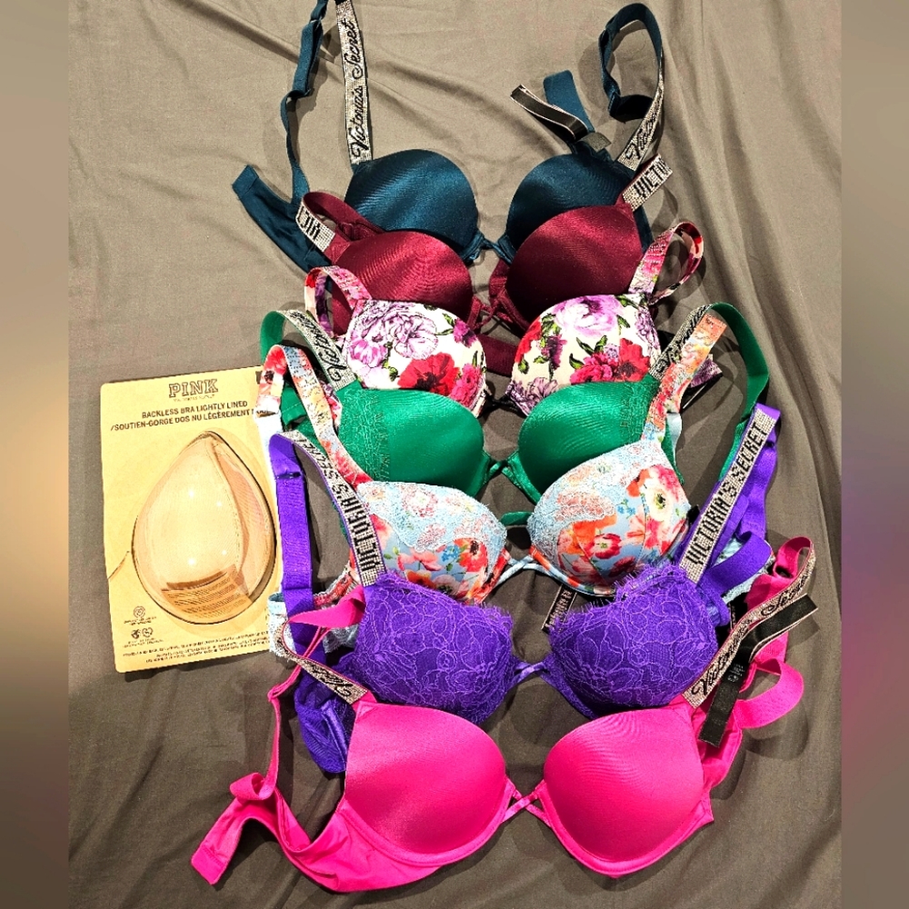 Seven 32AA victoria secret shine strap push up bras, one strapless, two swim
